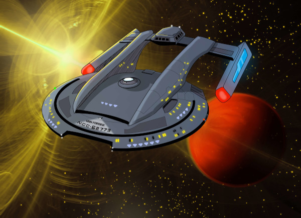 Artist's Rendering of the USS Forger, an Akira Class Starship in the Star Trek Universe. The ship is seen from the front diagonally, with a red planet and yellow sun behind it amidst a sea of stars.

Art by MaxIllustrations